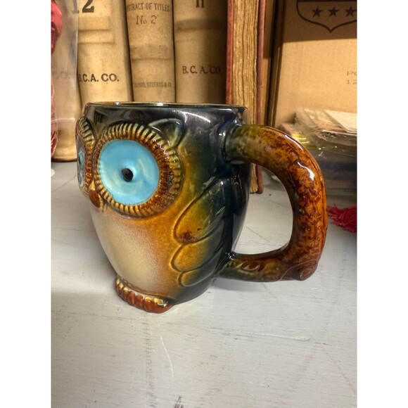 Gibson Home Owl Mug Handcrafted Stoneware Coffee Cup, Retro Rustic Brown & Blue - Picture 4 of 7